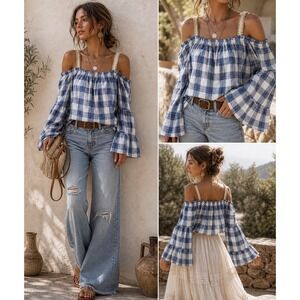 TOV Los Angeles Off Shoulder Top Women's L Blue Plaid Gold Chain Cottagecore